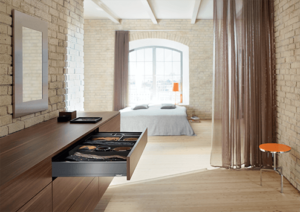 This picture shows a bedroom with a LEGRABOX with TIP-ON BLUMOTION